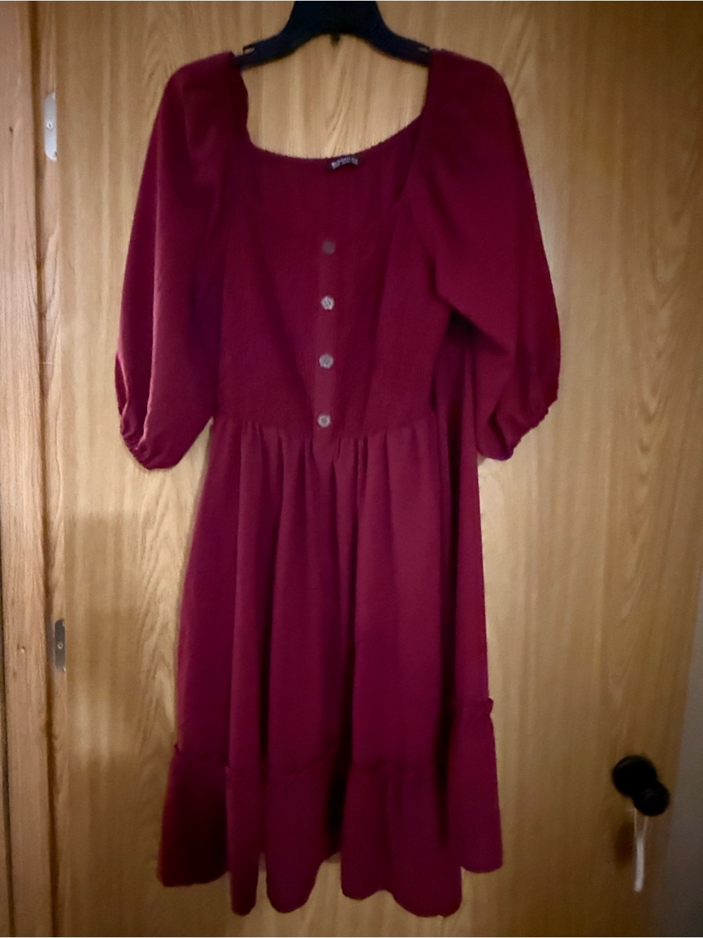 BloomChic Burgundy Puff-Sleeve Midi Dress